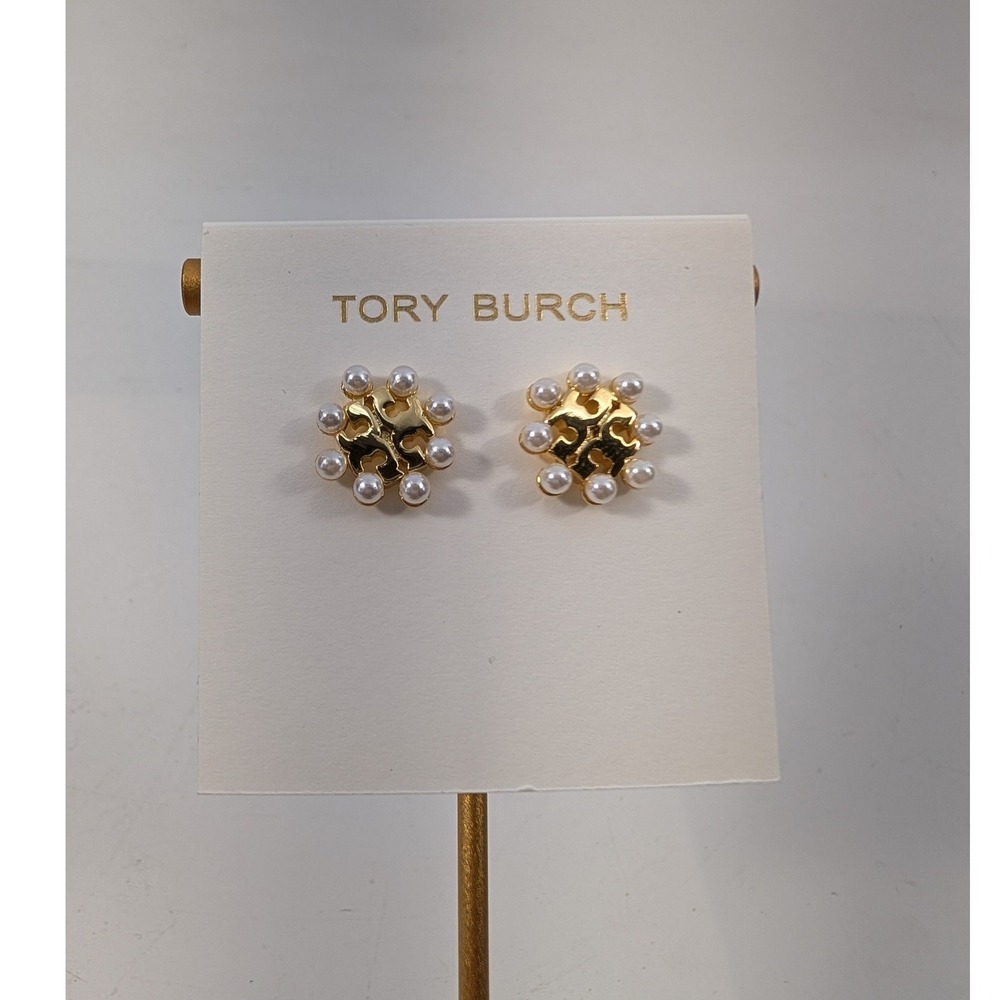 Tory Burch Kira Pearl Logo Stud Earrings Gold Tone‎ White Faux Pearl - NEW